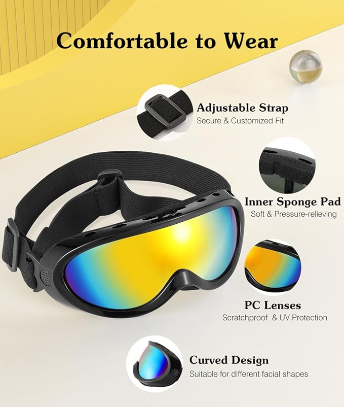 Lewondr Dog Goggles Medium Large Breed, Dog Sunglasses with Adjustable Straps and Soft Sponge Pad, UV/Wind/Dust/Fog/Snow Dog Eye Protection Sunglasses for Outdoor Driving Riding, Black