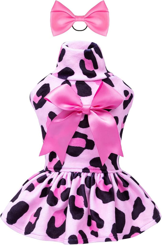 CuteBone Turtleneck Dog Velvet Dress Puppy Skirt Costume Pet Clothes Cat Apparel with Bow Hair Rope for Small Dogs CVD08S