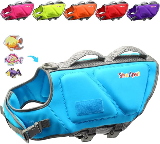 Dog Life Jacket for Large Dogs, Dog Life Vest for Swimming with Three Fashion Fabric Patches, Adjustable Dogs Swimsuit with Reflective Stripes and Two Rescue Handle, Pet Flotation Vest, XL