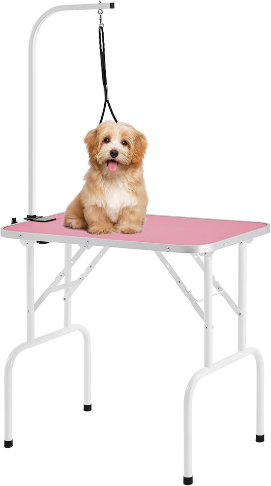 Yaheetech 32-inch Foldable Pet Dog Grooming Table w/Adjustable Height Arm - Drying Table for Home w/Noose for Small Dogs Cats, Maximum Capacity Up to 220lbs, Pink