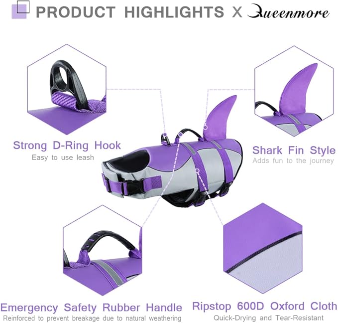 Queenmore Dog Life Jacket,Dog Life Vest for Swimming,Dog Shark Life Jacket with Rescue Handle,Adjustable Reflective Dog Life Preserver for Small Dog,Purple XS