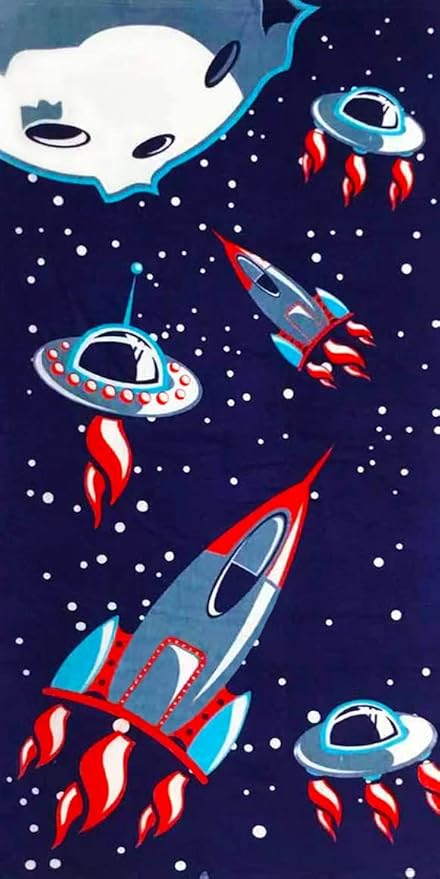 YIFONTIN Kids Beach Towel Velour Terry Blanket Throw 100% Cotton 24X48 inches for Swimming Bath Travel Sports Holiday Camping and Picnic, Navy Spaceship Rocket.
