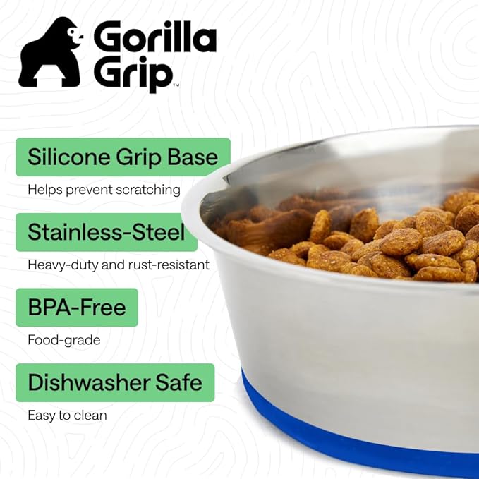 GORILLA GRIP Dog Bowls, Heavy Duty 304 Stainless Steel, Holds 8 Cups Each (64 fl oz) Food and Water Bowl for Feeding Dogs and Cats, Dishwasher Safe, Rust Resistant, BPA Free Rubber Base Set of 2 Blue