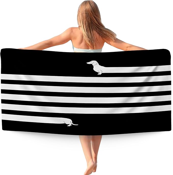 Cute Dog Dachshund Beach Towel Gifts for Dog Lovers Owner, Funny Black and White Wiener Microfiber Quick Dry Travel Sand Free Beach Towels Oversized Decor for Bathroom Swimming Pool 30x60 Inch