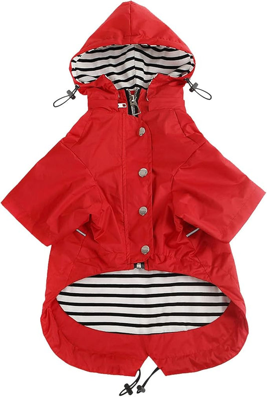 Morezi Dog Zip Up Raincoat with Reflective, Rain/Water Resistant, Adjustable Drawstring, Removable Hood, Raincoats with Legs 8lbs to 80lbs Available - Red - XS