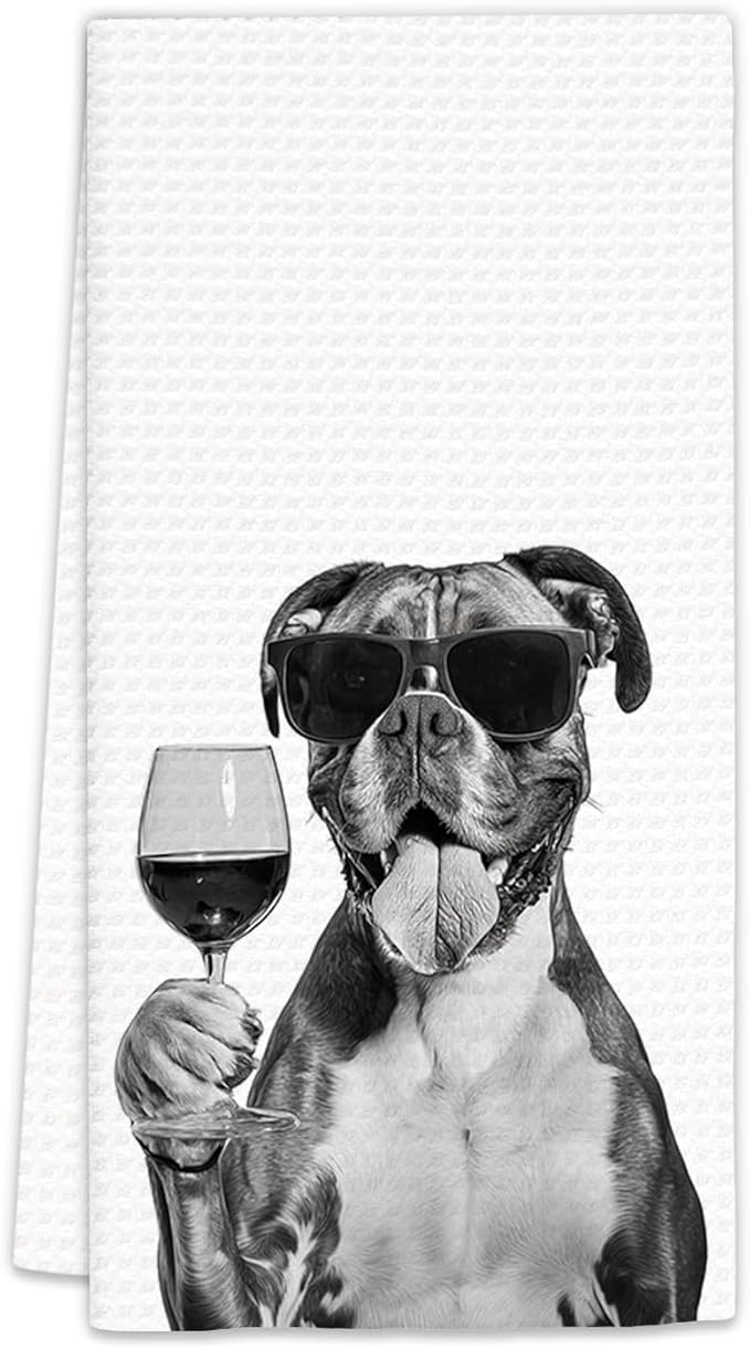 Boxer Dog Gifts Wine Kitchen Towels, Gifts for Boxer Dog Wine Lovers Decorative Hand Dish Tea Towel for Kitchen Home Bar, Funny BoxerDog Owners Home Bar Decor(16x24In)