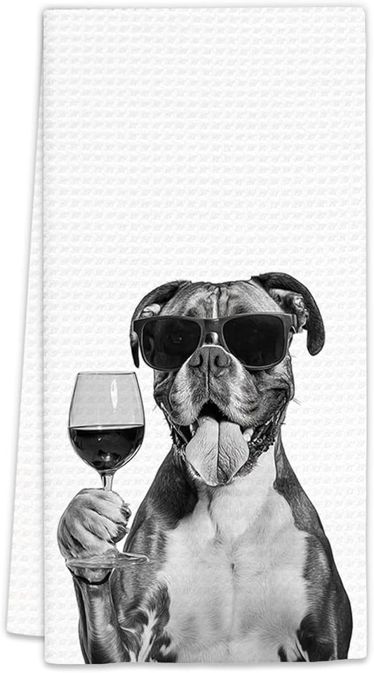 Boxer Dog Gifts Wine Kitchen Towels, Gifts for Boxer Dog Wine Lovers Decorative Hand Dish Tea Towel for Kitchen Home Bar, Funny BoxerDog Owners Home Bar Decor(16x24In)