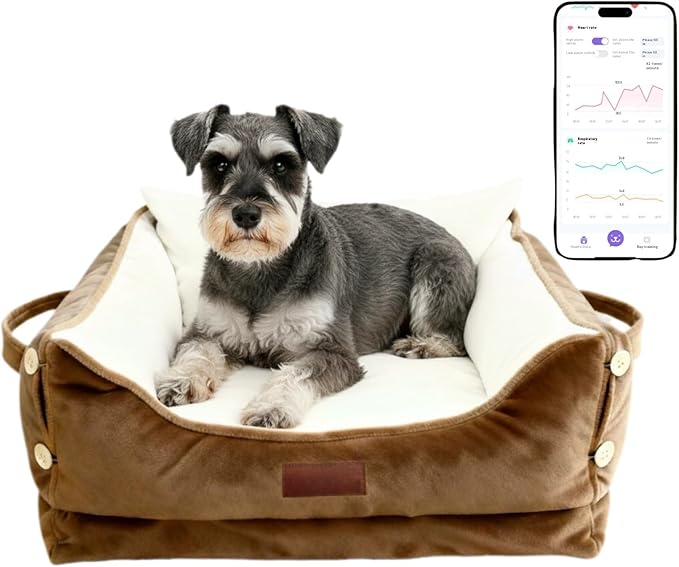 Smart Pet Bed with Health Monitoring System, Gray Orthopedic Dog Sofa, Digital Display, Heart Rate Detection, Sleep Tracking, Cloud Connected (Brown, Medium)