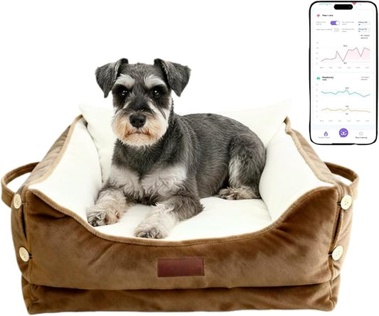 Smart Pet Bed with Health Monitoring System, Gray Orthopedic Dog Sofa, Digital Display, Heart Rate Detection, Sleep Tracking, Cloud Connected (Brown, Medium)