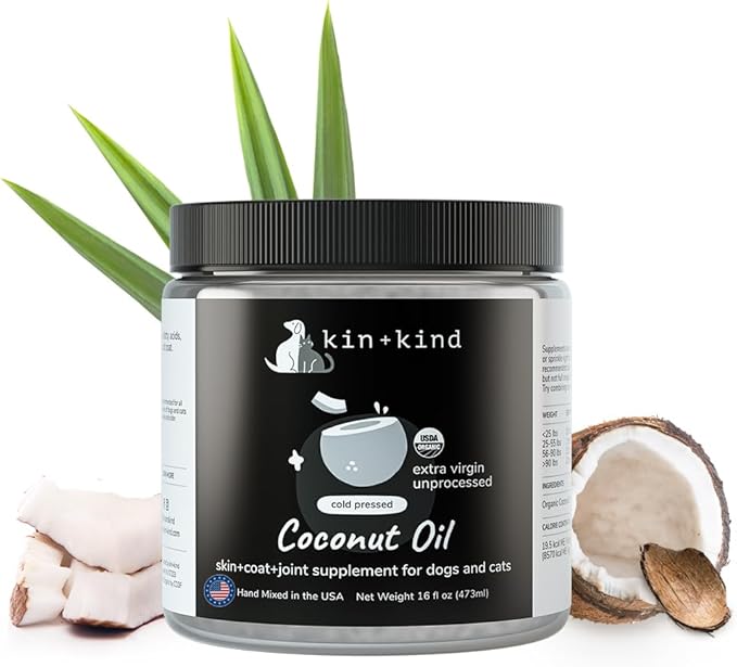 kin+kind Organic Coconut Oil for Dogs & Cats – Natural Pet Supplement for Healthy Skin, Coat & Paws – Cold Pressed Extra Virgin Coconut Oil – Dog Nose Balm for Itchy Skin & Dry Noses – 16 fl oz Large