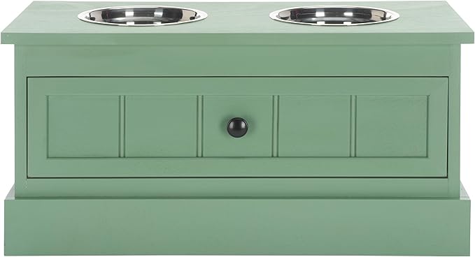 SAFAVIEH Home Collection Boomer Sage Green Elevated Pet Feeder Dog Bowl Stand with Drawer (Fully Assembled)
