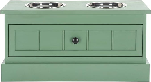 SAFAVIEH Home Collection Boomer Sage Green Elevated Pet Feeder Dog Bowl Stand with Drawer (Fully Assembled)