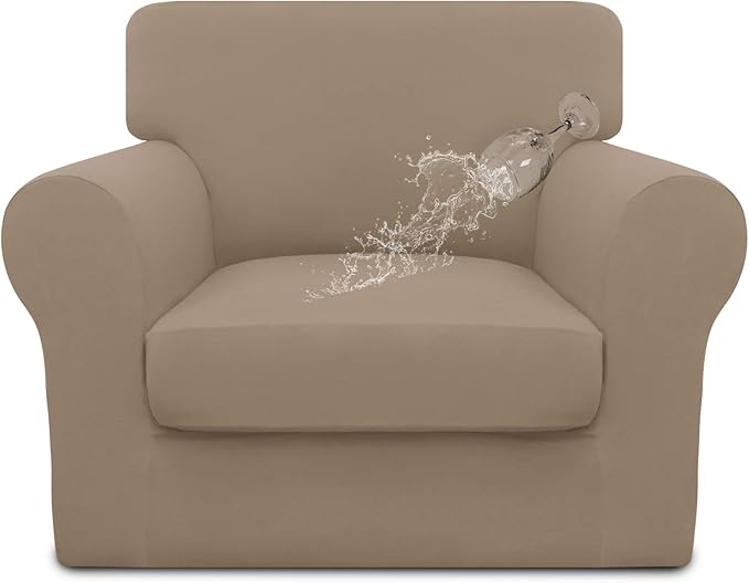 Easy-Going 100% Dual Waterproof 2 Pieces Chair Cover Stretch Soft Couch Cover for Dogs, Sofa Slipcover for 1 Separate Cushion Couch Leakproof Furniture Protector for Kids, Pets Camel