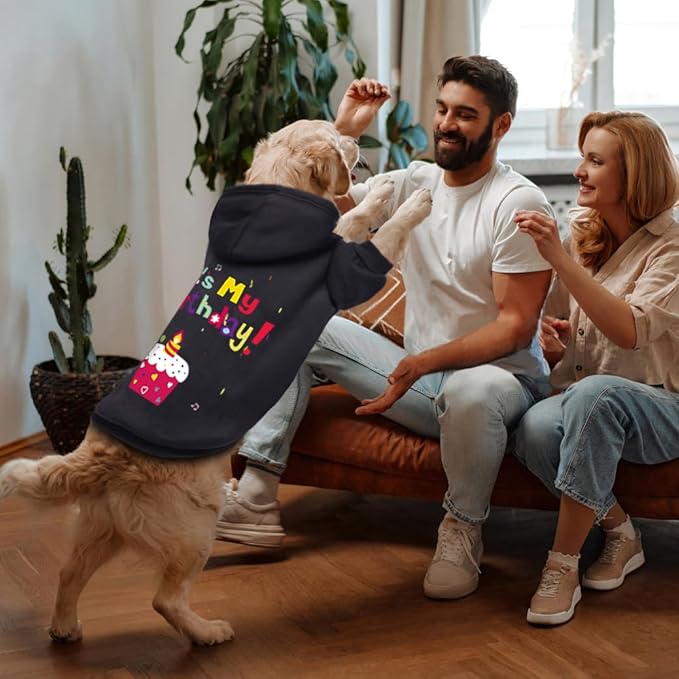 GreenJoy Dog Sweater Dog Hoodie Cold Weather Coat Hooded Sweatshirt for Puppies,Cats, Small Medium Large Dogs (Black(It's My Birthday), X-Large)