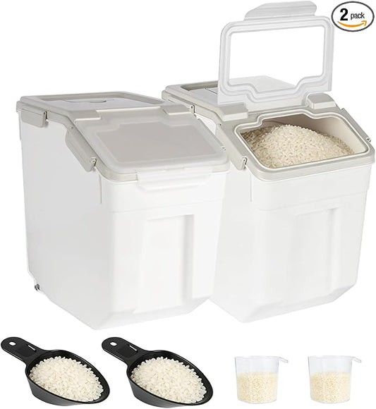 2 Pack Rice Container 50 lbs Large Bulk Flour Sugar Storage Holdhouse Plastic Grain Cereal Dry Goods Bin with Spoon and Measuring Cup for Kitchen Pantry Organization - Grey