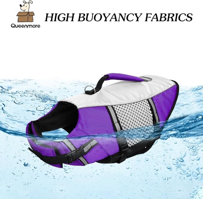 Queenmore Dog Life Jacket Swimming Vest Lightweight High Reflective Pet Lifesaver with Lift Handle, Leash Ring Purple,XS