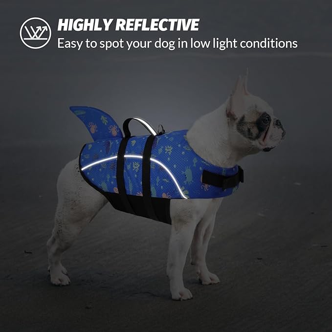Queenmore XS Small Dog Shark Life Jacket, BluePrints, Polyester, Neoprene, Adjustable, Reflective, Summer, Swimming, Pool, Lake, Boat, Fishing Boat
