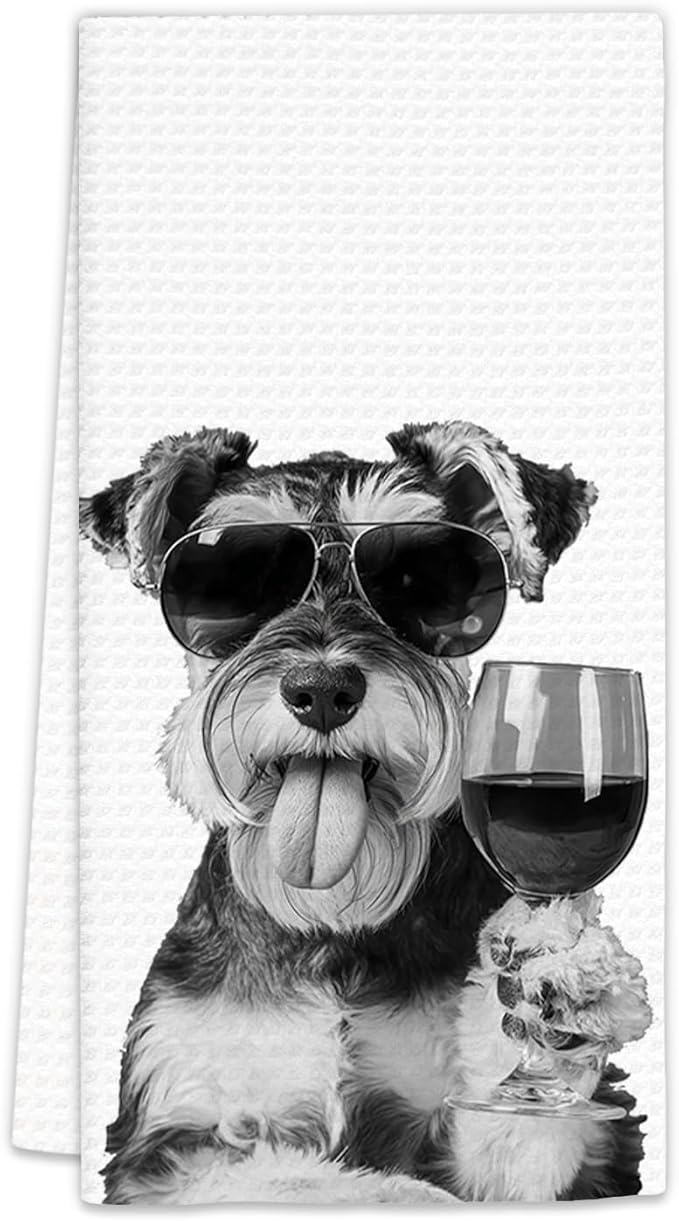 Schnauzer Gifts Wine Dog Kitchen Towels, Gifts for Schnauzer Dog Wine Lovers Decorative Hand Dish Towel for Kitchen Home Bar, Funny SchnauzerDog WineLover Home Bar Kitchens Decor(16x24 Inch)