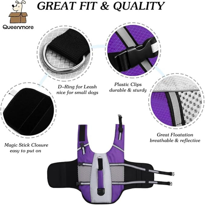 Queenmore Dog Life Jacket Swimming Vest Lightweight High Reflective Pet Lifesaver with Lift Handle, Leash Ring Purple,XS