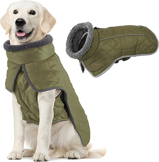Fragralley Dog Coat Medium, Waterproof Dog Jacket with Warm Fleece Lining, Adjustable Reflective Dogs Winter Coat, Turtleneck Pet Coats for Cold Weather (ArmyGreen M)