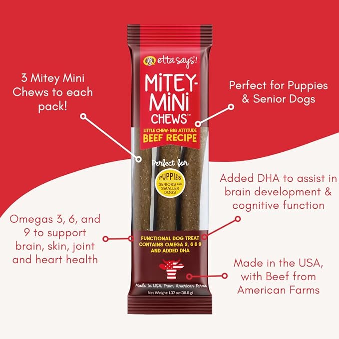 etta says! Mitey Mini Chews Dog Treats - Made in The USA - Grain-Free and Odor-Free - All-Natural Dog Chews - Perfect for Puppies and Senior Dogs - with Omega 3, 6, and 9 - Beef - 18 Pack - 54 Count
