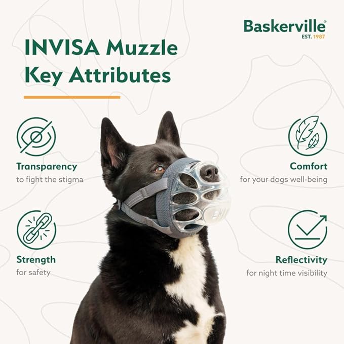 Baskerville INVISA Basket Dog Muzzle - Patented Humane Design with Facial Visibility, Padded Nose Band, Dog can Pant and Drink, Prevents Biting and Scavenging. Muzzle for Small Dogs (Size 2)
