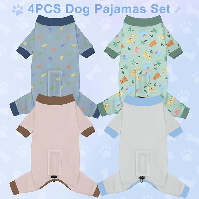 Bienbee Dog Pajamas, 4 Pack Dog Recovery Suit Shedding Suit Cute Soft Puppy Clothes Dogs Pjs Onesies Jammies Adjustable Breathable & Stretchy Clothes for Small Medium Large Dogs Girl Boy Puppy-L