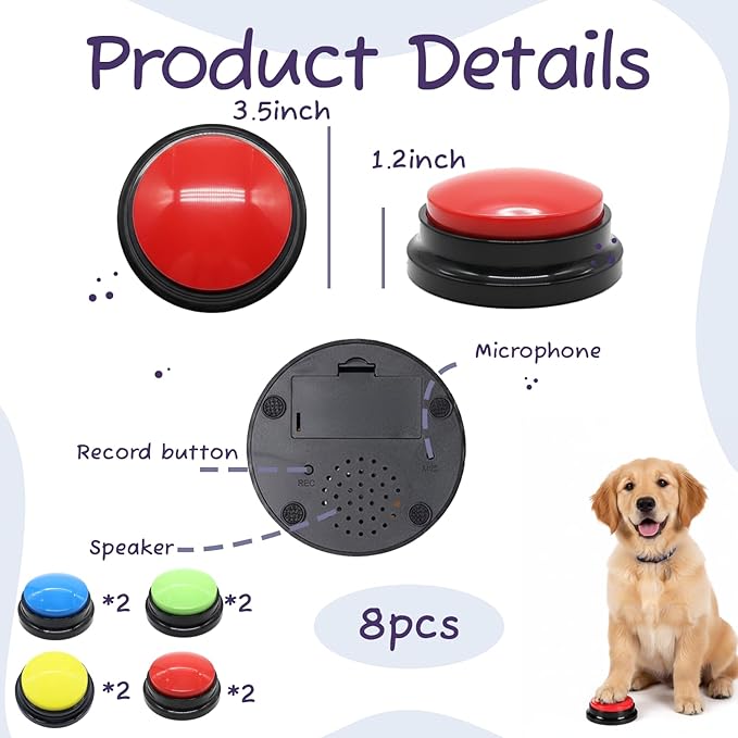 8 Pieces Voice Recording Button for Dog Voice Recording Clicker for Cat Colorful Dog Buttons for Communication 30 Second Record & Playback Pet Talking Trainin Buttons Funny Gifts for Pet