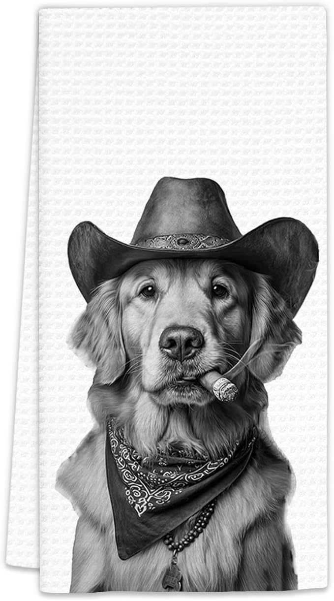 Golden Retriever Gifts Western Dog Kitchen Towels, Gifts for Golden Retriever Lovers Cowboy Decorative Hand Dish Tea Towel for Kitchen, Funny Dog Cowboy Cowgirl Home Bathroom Decor(16x24In)