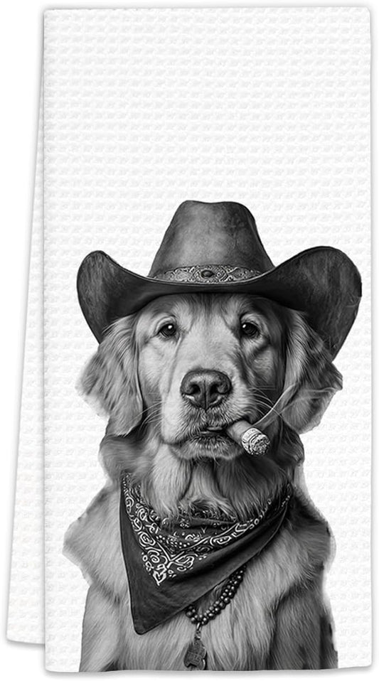 Golden Retriever Gifts Western Dog Kitchen Towels, Gifts for Golden Retriever Lovers Cowboy Decorative Hand Dish Tea Towel for Kitchen, Funny Dog Cowboy Cowgirl Home Bathroom Decor(16x24In)