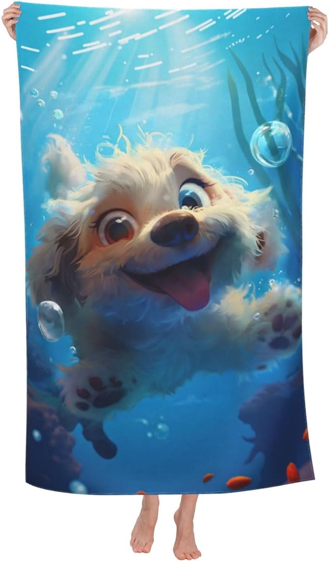 Underwater Pup Beach Towel 31inx51in, Dog Sand-Free Microfiber Bath Towel Ultra Soft Quick Dry Pool Towel Absorbent Towel Lightweight Towel for Swimming Bathroom Decor