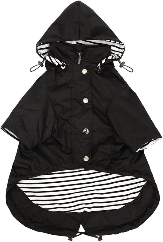 Morezi Dog Zip Up Raincoat with Reflective Buttons, Rain/Water Resistant, Adjustable Drawstring, Removable Hood, Raincoats with Legs 8lbs to 80lbs Available - Black - L