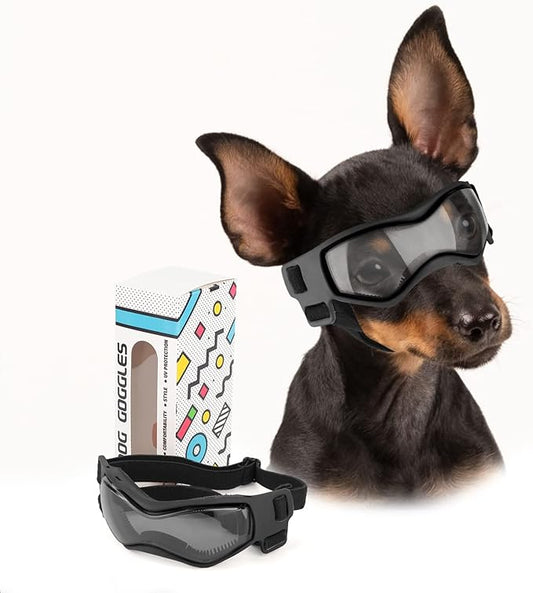 PETLESO Dog Goggles Small Breed, Dog Sunglasses UV Protection Puppy Eyewear for Small Pet Outdoor Riding Driving, Black S