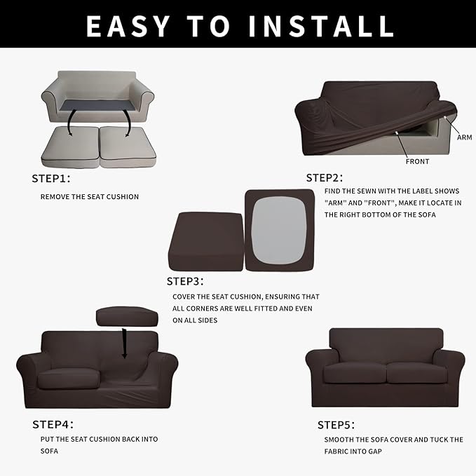 Easy-Going 100% Dual Waterproof 3 Pieces Loveseat Cover Stretch Soft Couch Cover for Dogs, Sofa Slipcover for 2 Separate Cushion Couch Leakproof Furniture Protector for Kids, Pets Chocolate