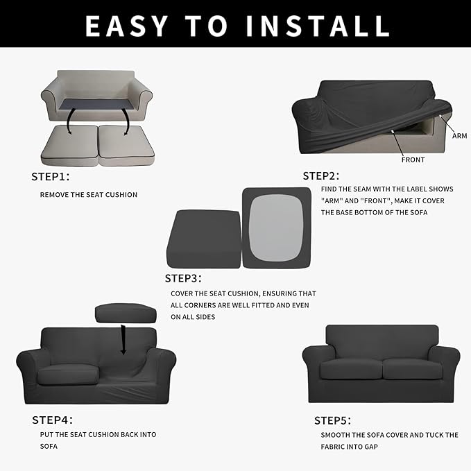 Easy-Going 100% Dual Waterproof 3 Pieces Oversized Loveseat Cover Stretch Soft Couch Cover for Dogs, Sofa Slipcover for 2 Separate Cushion Couch Leakproof Furniture Protector for Kids, Pets Dark Gray