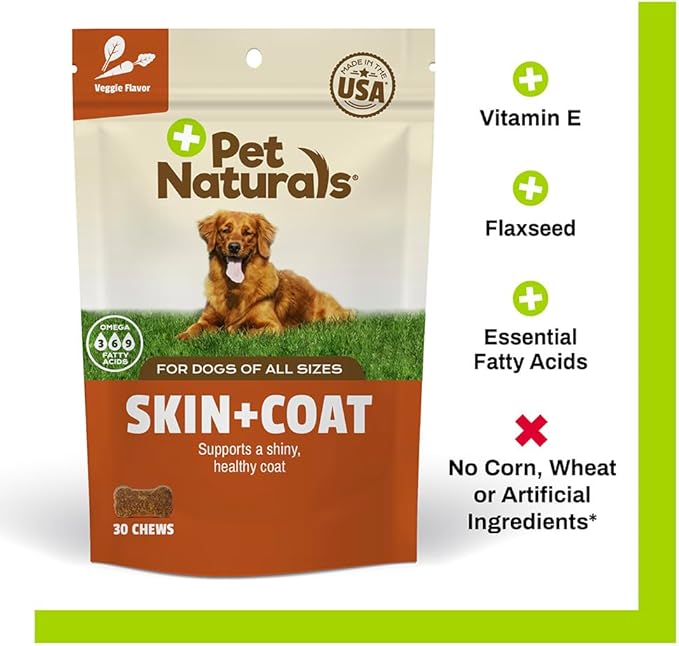 Pet Naturals Skin and Coat for Dogs with Dry, Itchy and Irritated Skin, 30 Chews - Salmon Oil, Vitamin E and Flax Oil - No Corn or Wheat - Vet Recommended