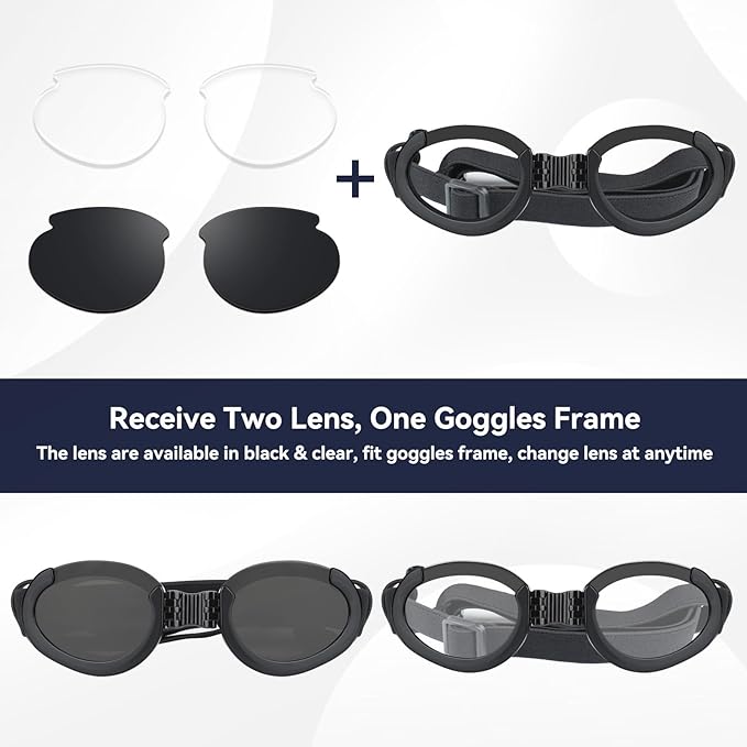 Dog Goggles with Replaceable Lens Eye Protection Dog Sunglasses for Small to Medium Breed for Outdoor Riding/Driving/Walking/Surgery Recovery