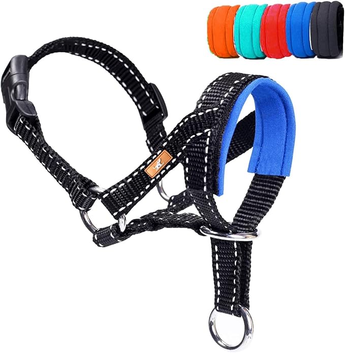 Dog Head Collar, Reflective Soft Fabric Head Collar with Adjustable Loop for Dogs to Prevent Pulling(S, Blue)