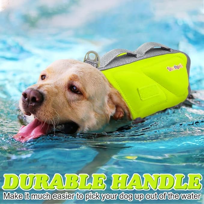Dog Life Jacket for Large Dogs, Dog Life Vest for Swimming with Three Fashion Fabric Patches, Dogs Swim Jacket with Reflective Stripes and Double Rescue Handle, Pet Flotation Vest, XL