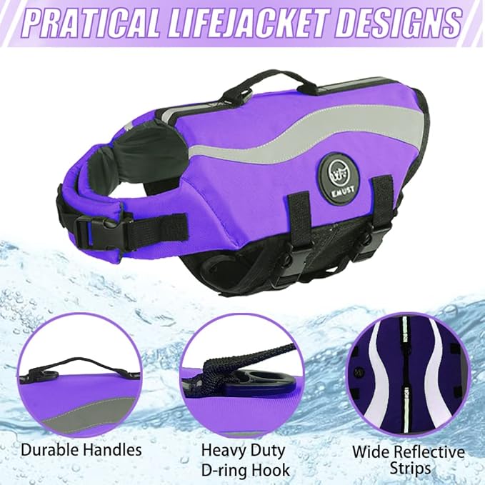 EMUST Life Vests for Dogs, Lightweight Small/Medium/Large Dog Life Preserver, XL Dog Life Jacket for Swimming/Boat/Water, Life Jacket for Large Dogs, Purple,XL