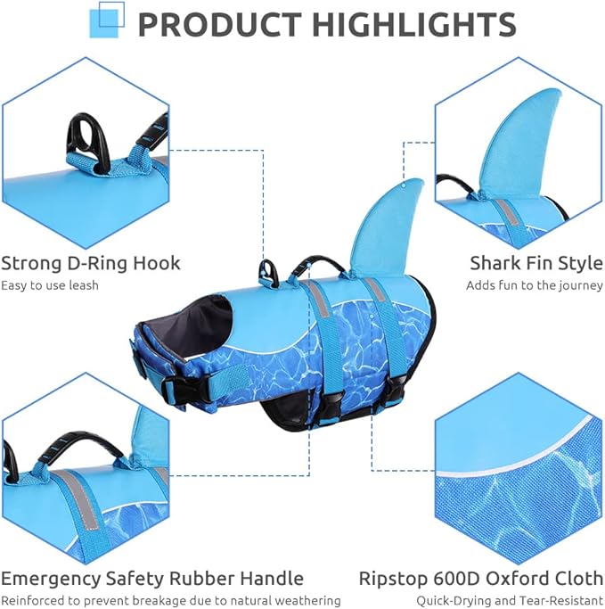 Queenmore Shark Dog Life Jacket - Adjustable Dog Swimming Vest for Small, Medium, Large Dogs (Blue)
