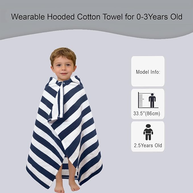 VOOVA & MOVAS Toddler Hooded Bath Towels 0-3T, 25''X40, Soft | Thick | 100% Cotton | Absorbent Towel Wrap for Baby, Perfect for Beach, Pool, Bath, Swimming,Navy Stripe