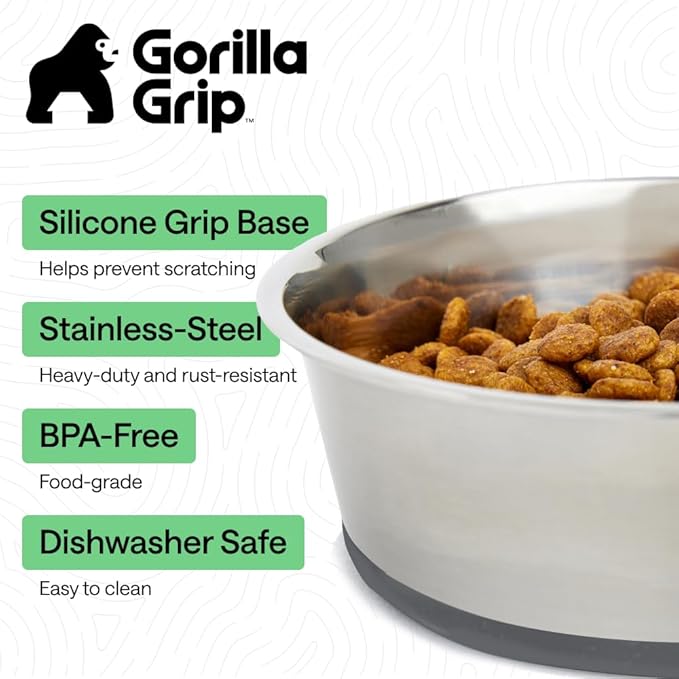 GORILLA GRIP Dog Bowls, Heavy Duty 304 Stainless Steel, Holds 4 Cups Each (32 fl oz) Food and Water Bowl for Feeding Dogs and Cats, Dishwasher Safe, Rust Resistant, BPA Free Rubber Base Set of 2 Gray