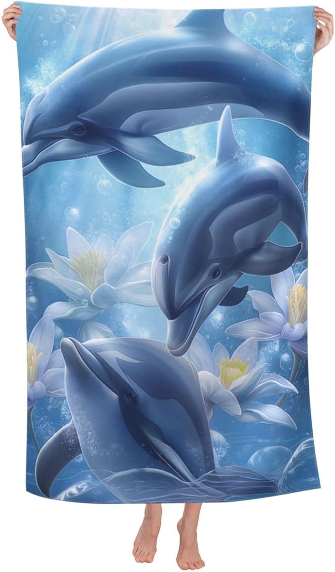 Dolphin Ocean Beach Towel 31inx51in, Underwater Sand-Free Microfiber Bath Towel Ultra Soft Quick Dry Pool Towel Absorbent Towel Lightweight Towel for Swimming Bathroom Decor