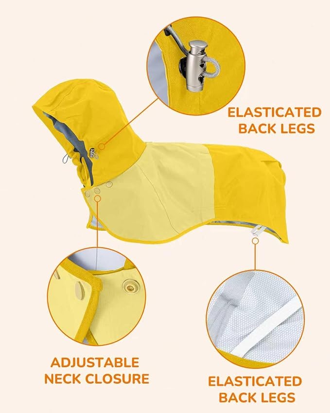 Waterproof Dog Raincoat with Hood, Extended Coverage Rain Jacket for Large Dogs, Wind-Resistant Secure Fit with Leg Straps, Reflective, Leash Hole, Easy Hook & loop fastener On/Off, Yellow, XXL