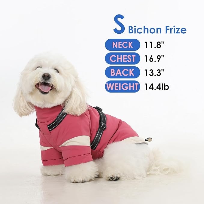 XS Dog Winter Coat with Harness Built in - Turtleneck with Sleeves| Water-Repellent Reflective Jackets for Night,Warm Puppy Clothes for Snow Cold Weather,Chihuahua (Pink)