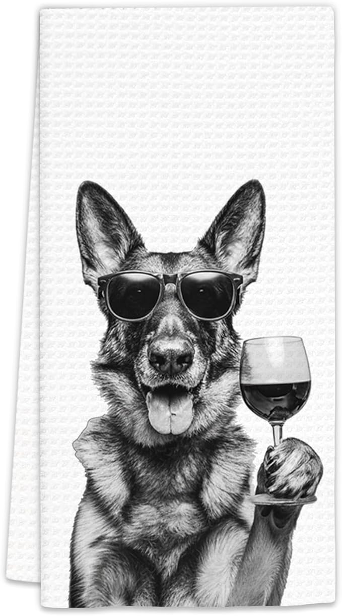 German Shepherd Gifts Wine Dog Kitchen Towels, Gifts for German Shepherd Wine Lovers Decorative Hand Dish Towel for Kitchen Home Bar, Funny Germanshepherd WineLover Home Bar Decor(16x24Inch)