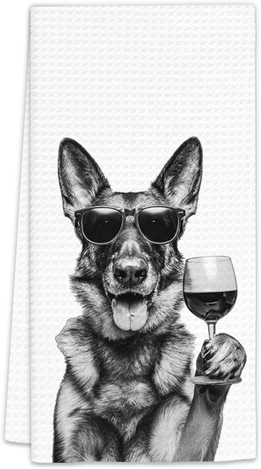 German Shepherd Gifts Wine Dog Kitchen Towels, Gifts for German Shepherd Wine Lovers Decorative Hand Dish Towel for Kitchen Home Bar, Funny Germanshepherd WineLover Home Bar Decor(16x24Inch)