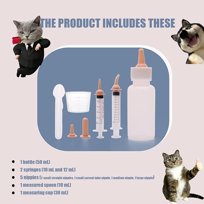 Newborn Pet Feeding Kit，Kitten Bottle Feeding Set with Nursing Nipples,Portable Storage, Emergency Ready, Replaceable Accessories for Kittens and Puppies