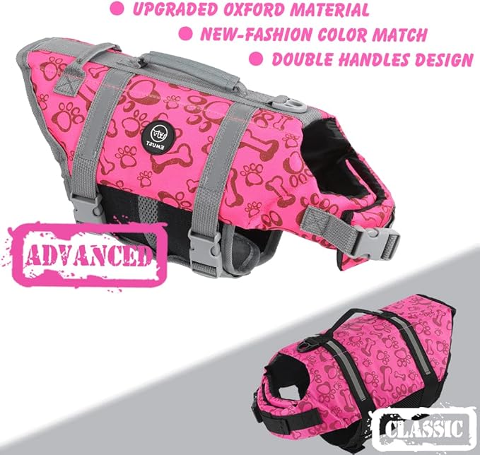 EMUST Life Jackets for Dogs, Adjustable Small/Medium/Large Dog Swim Vest for Water Safety Pet Life Vest with Rescue Handle Safety Vest for Swimming Pool Beach Boating, XL, NewPink
